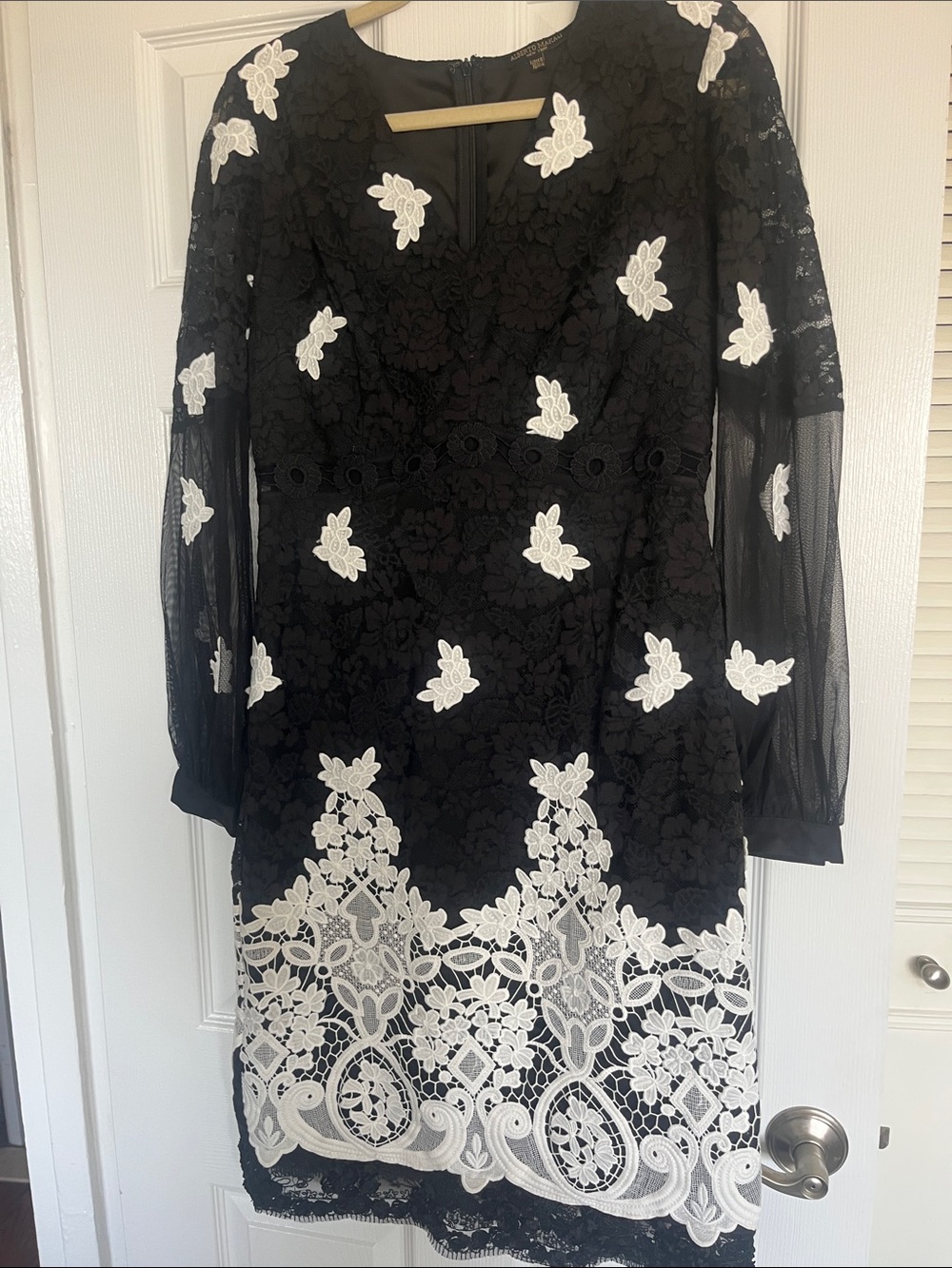 Alberto Makali Black Dress with White Lace Trim size 10 midi. Sheer sleeves
